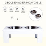 Gamelles chiens surélevées gamelle double chien chat Porte-gamelles surélevé dim. 44L x 24l x 15H cm 2 gamelles 0,9L acier inox. incluses bois blanc