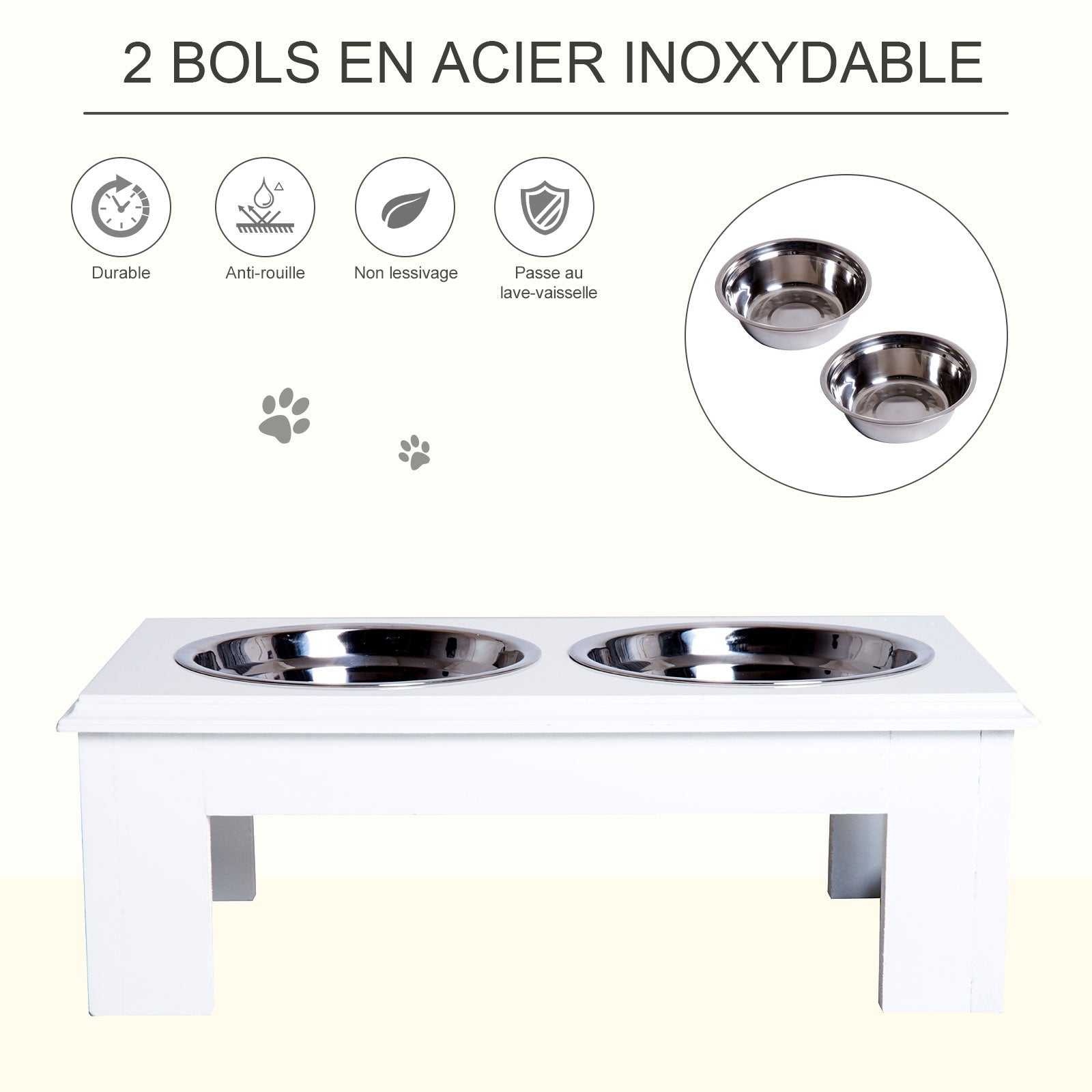 Gamelles chiens surélevées gamelle double chien chat Porte-gamelles surélevé dim. 44L x 24l x 15H cm 2 gamelles 0,9L acier inox. incluses bois blanc