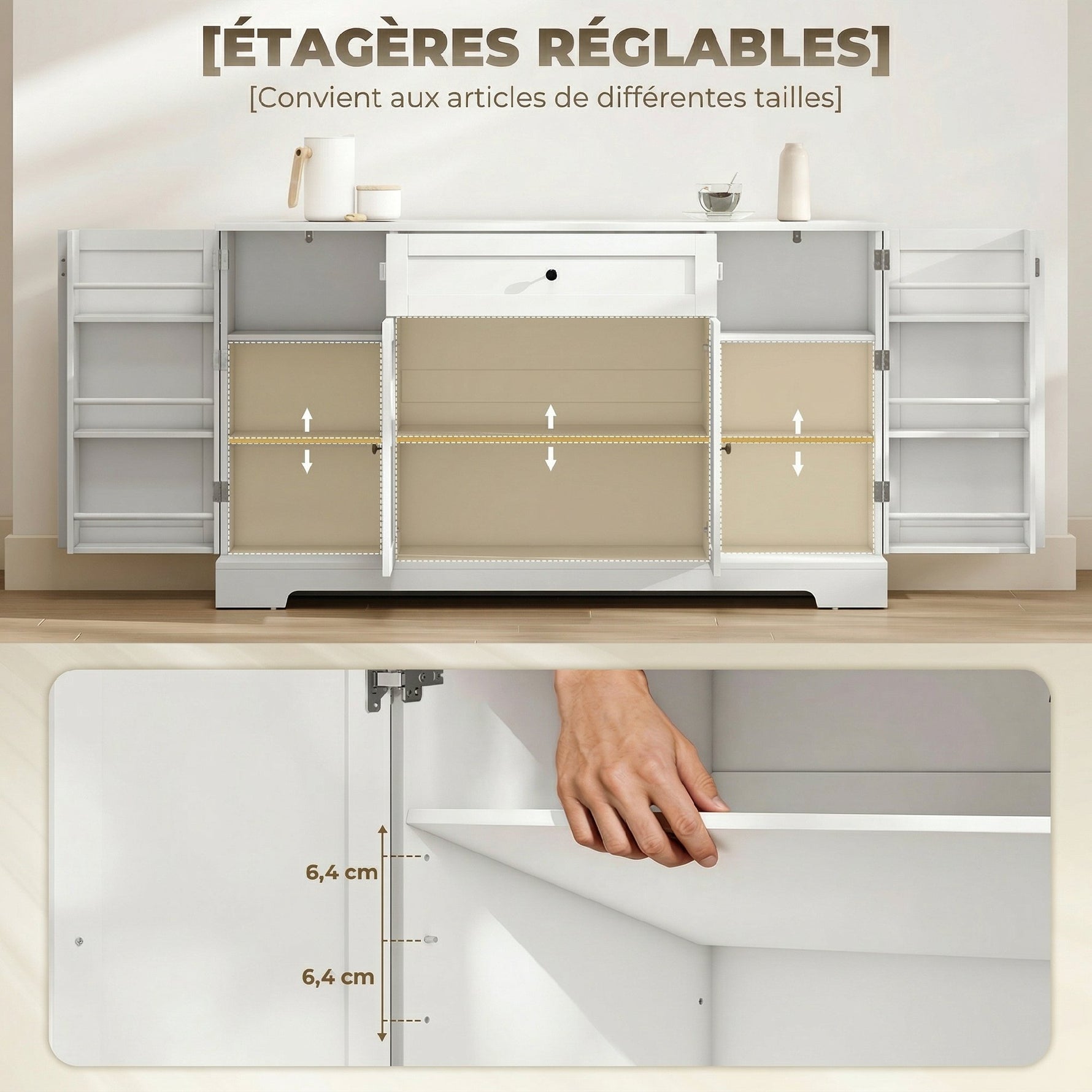 Buffet cuisine, meuble de rangement avec tiroir, 4 portes à fermeture douce, racks-porte et étagères réglables, blanc