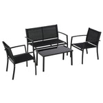 Salon de jardin extérieur 4 pièces avec canapé 2 places, 2 chaises et table basse en verre trempé, coussins inclus, noir