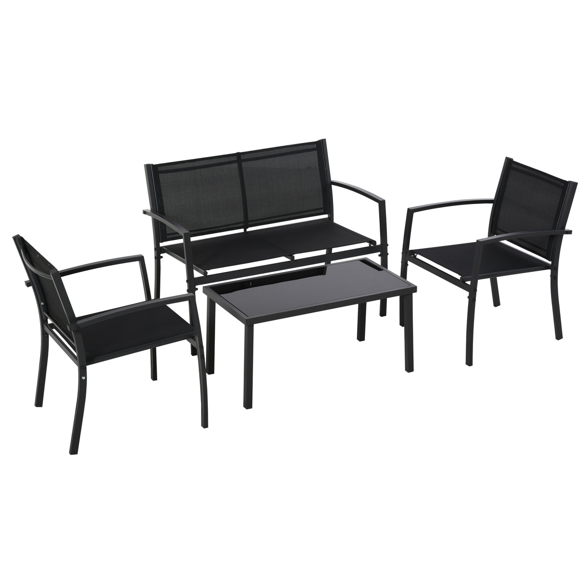Salon de jardin extérieur 4 pièces avec canapé 2 places, 2 chaises et table basse en verre trempé, coussins inclus, noir