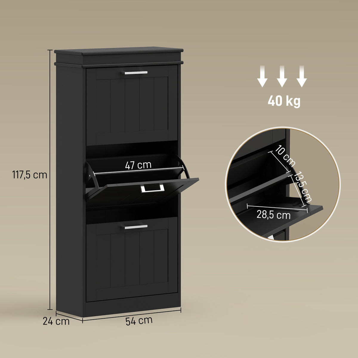 Meuble à chaussures, armoire à chaussures 3 portes abattants 15 paires, étagères réglables, 54 x 24 x 117,5 cm, noir