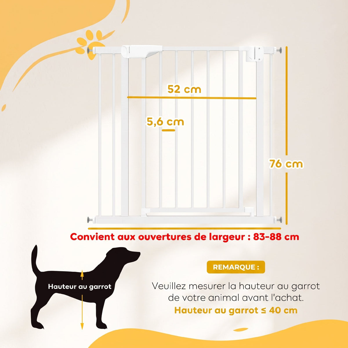 Barrière de Sécurité pour Chiens et Bébés 76 à 88 cm avec Extension, Fixation par Pression sans Perçage, 76 à 88 cm, Blanc