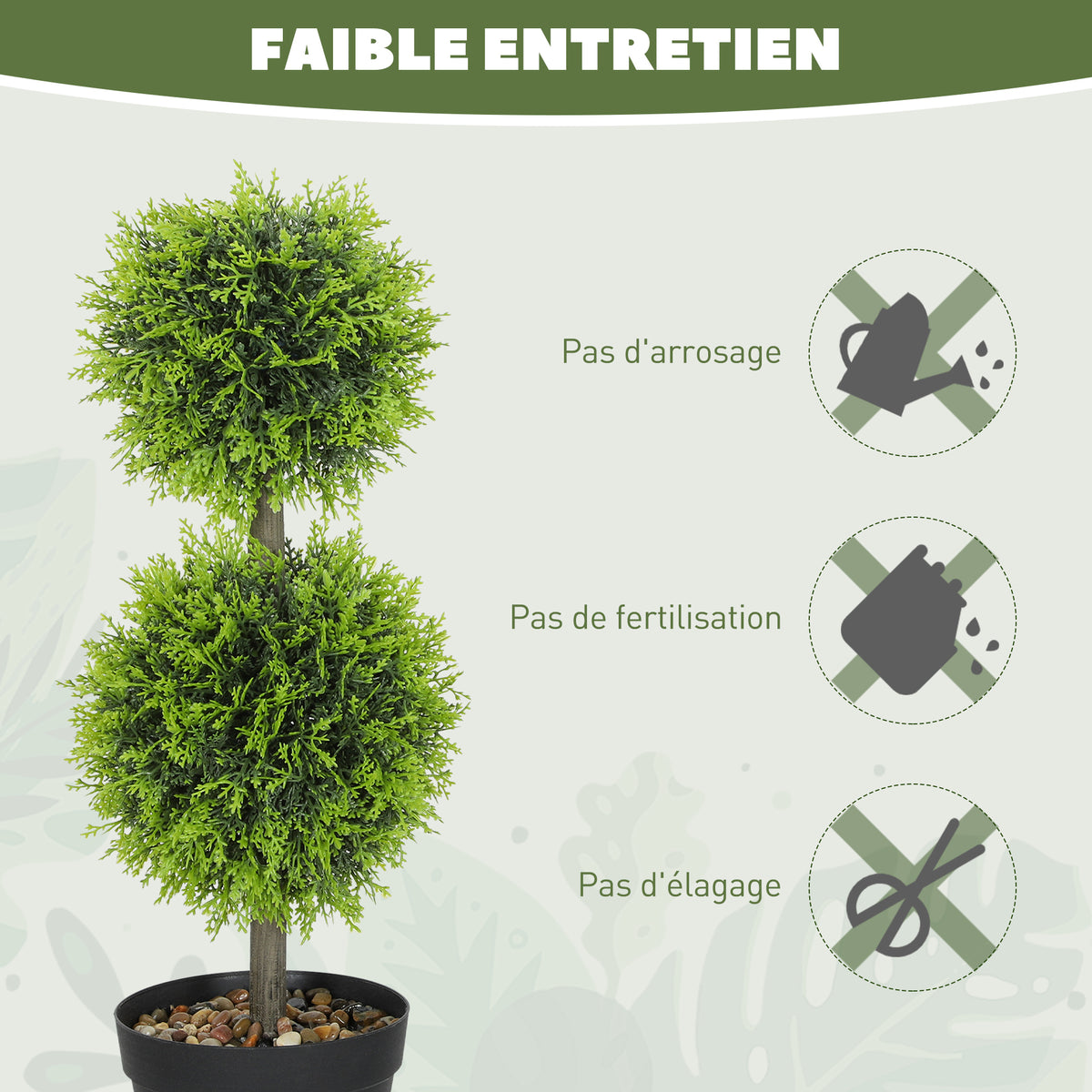 Lot de 2 plantes artificielles décoratives, boules de buis artificiel 60 cm avec pot, plastique, vert