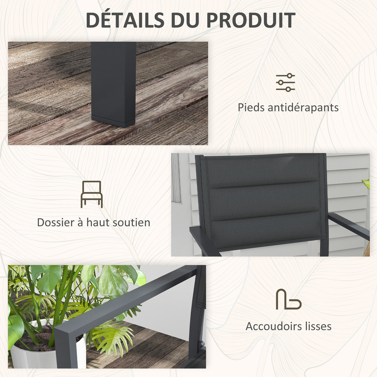 Ensemble de 4 chaises de jardin empilables en aluminium et textilène avec accoudoirs, lot de 4 pièces pour extérieur
