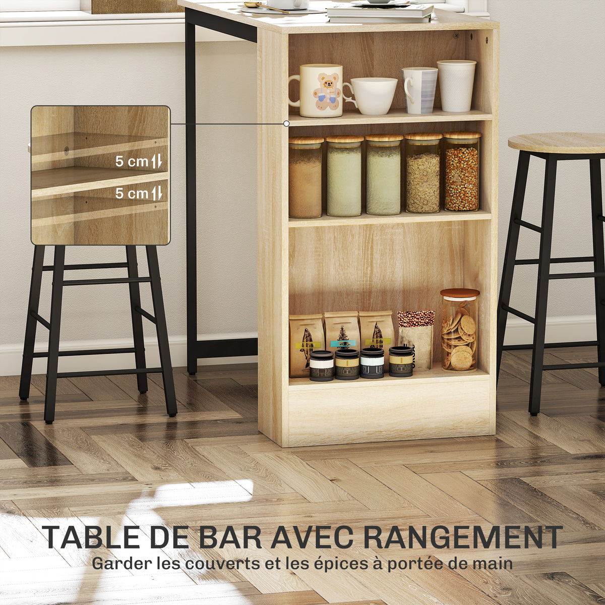 Bartisch-Set mit Hockern, offenen Fächern, verstellbarem Regal und Fußstützen, Eiche und Schwarz