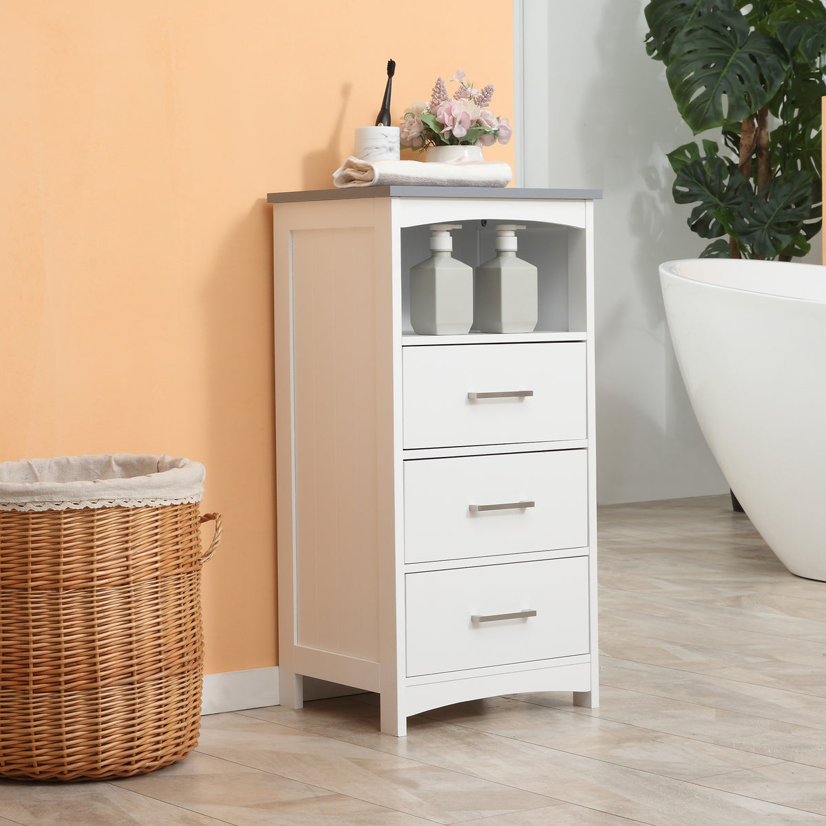 Meuble de salle de bain sur pied meuble de rangement avec 3 tiroirs et 1 niche 40 x 33 x 80 cm blanc