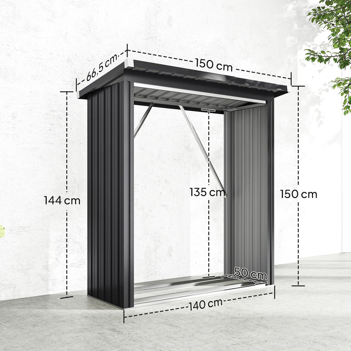 Abri-bûches couvert support pour bois de chauffage plancher surélevé toit incliné, acier galvanisé 150x66,5x150cm gris