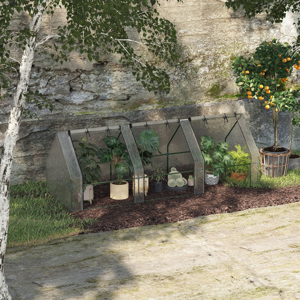 Mini Serre de Jardin Mini Serre Tunnel 270L x 90l x 90H cm Toit Pointu Acier PE Haute Densité 140 g/m² Anti-UV Fenêtres avec Zip Enroulables Blanc