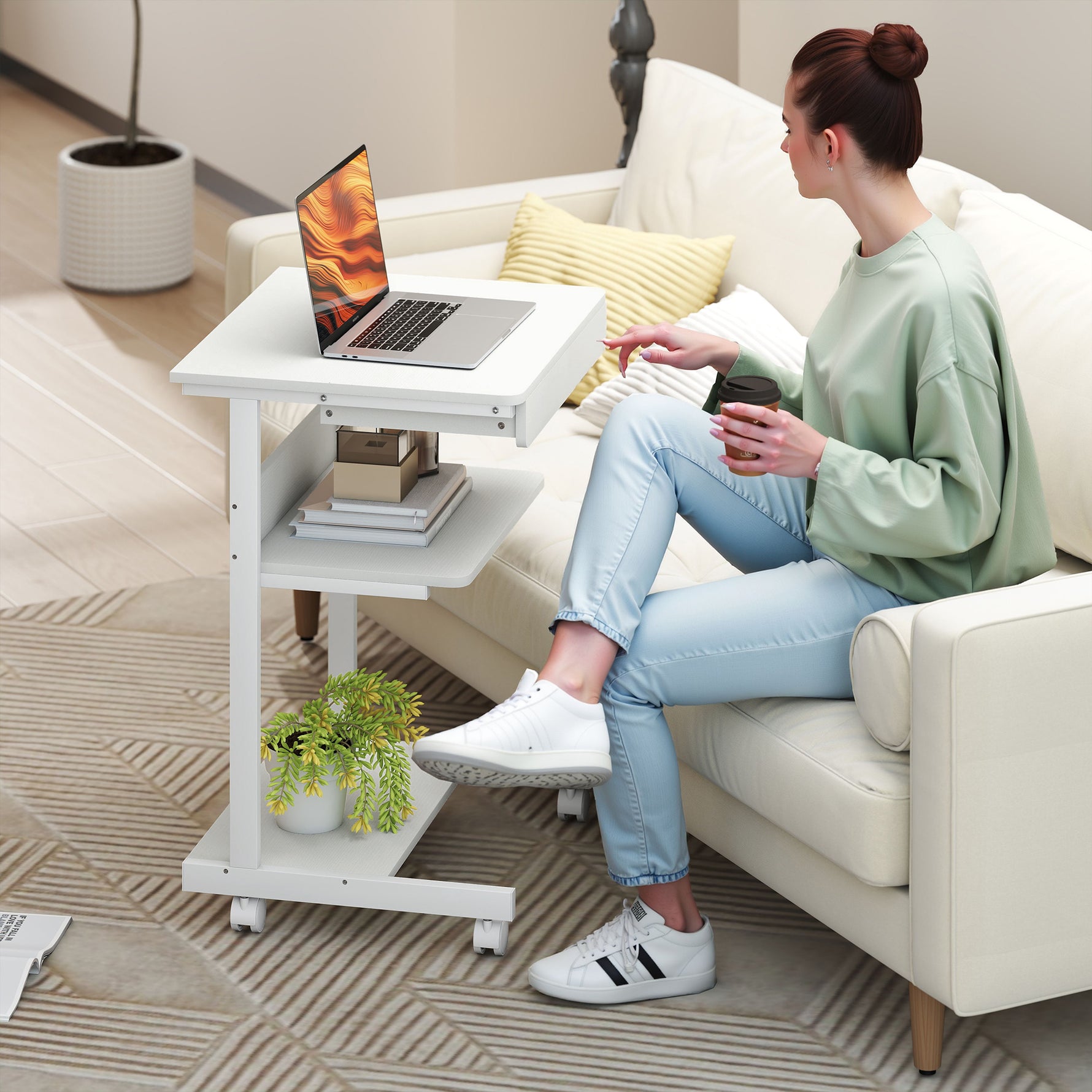 Bureau d'ordinateur sur roues, bureau avec rangement 56 x 51 cm avec tiroir, compartiment et support CPU, blanc