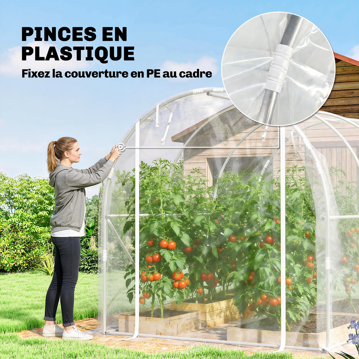 Serre tunnel de jardin 6m² serre de jardin tunnel 195x295x195cm cadre acier galvanisé, bâche PE 150g/m² transparent