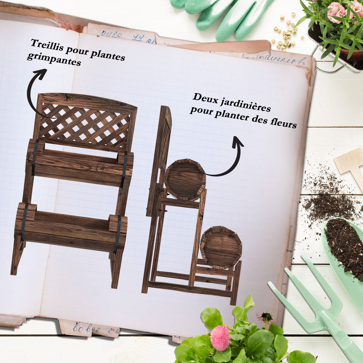 Jardinière sur pieds surélevée avec treillis carré potager 2 niveaux pour terrasse, balcon jardin 42 x 49 x 80 cm marron