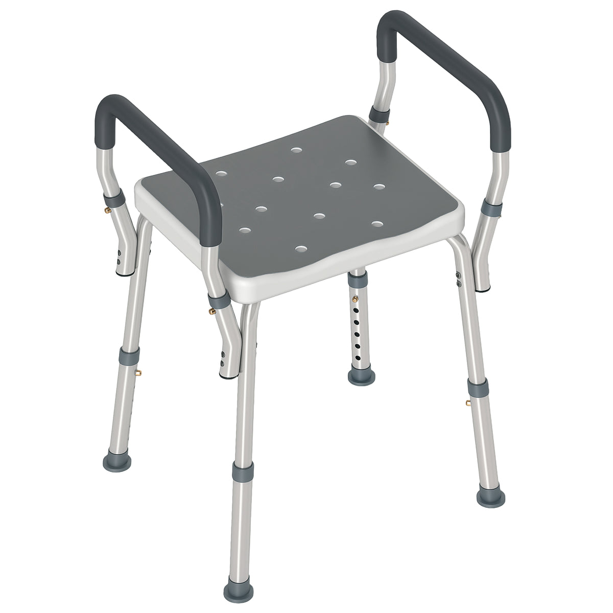 Shower stool for the elderly and disabled with armrests, height adjustable, non-slip feet, gray