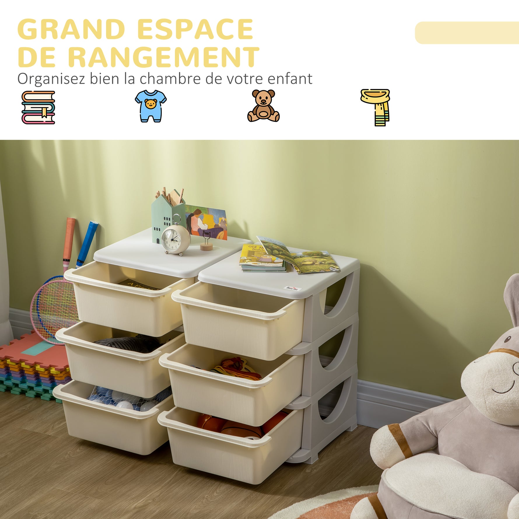 Organisateur de jouets pour enfants à 3 niveaux avec 6 tiroirs, boîtes de rangement en plastique, 75x37x56,5cm, crème