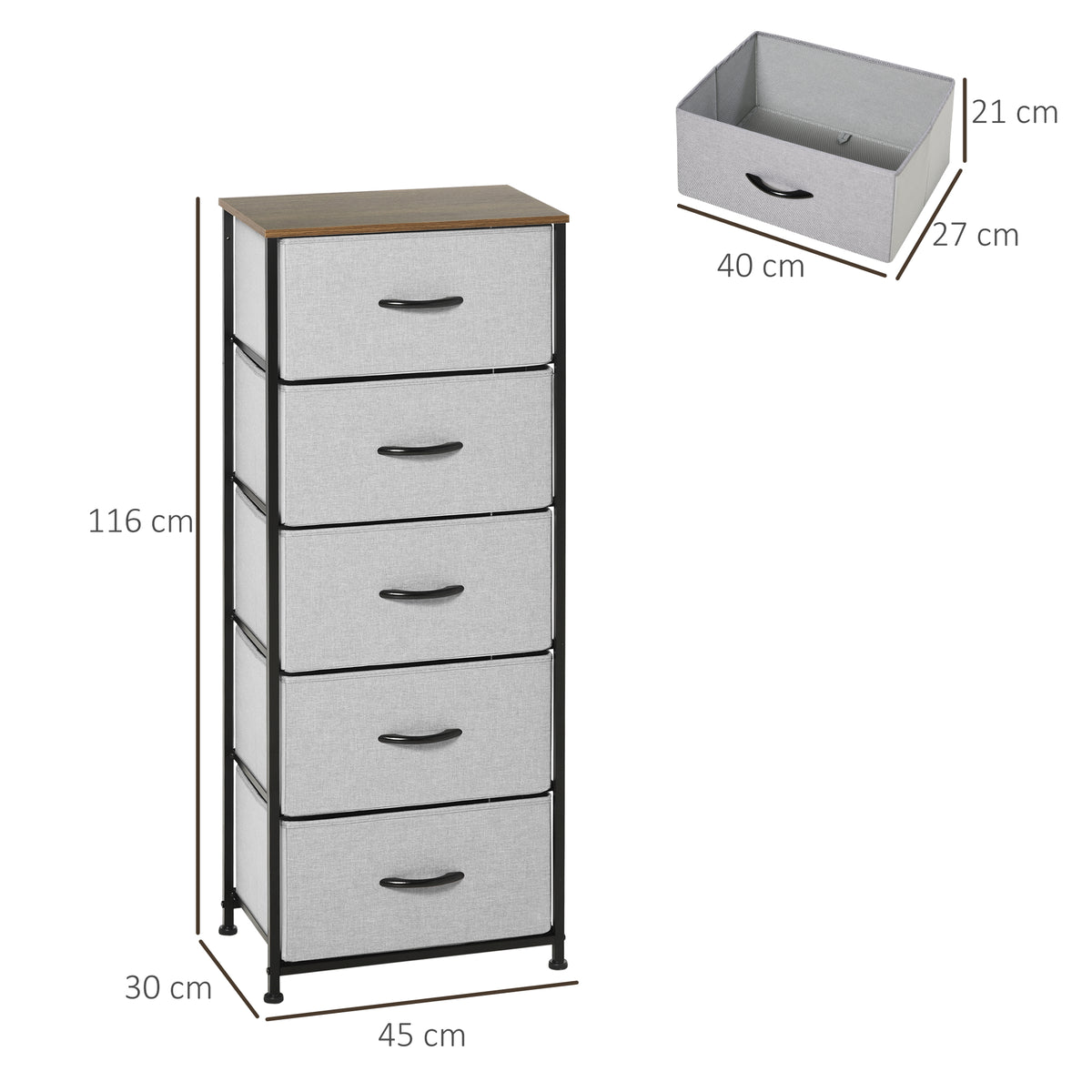 Commode 5 tiroirs meuble de rangement tiroir en tissu pliant - structure acier noir - 45 x 30 x 116 cm gris