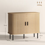 Buffet meuble de rangement avec portes coulissantes à lattes, armoire de cuisine avec pieds en acier, ton chêne