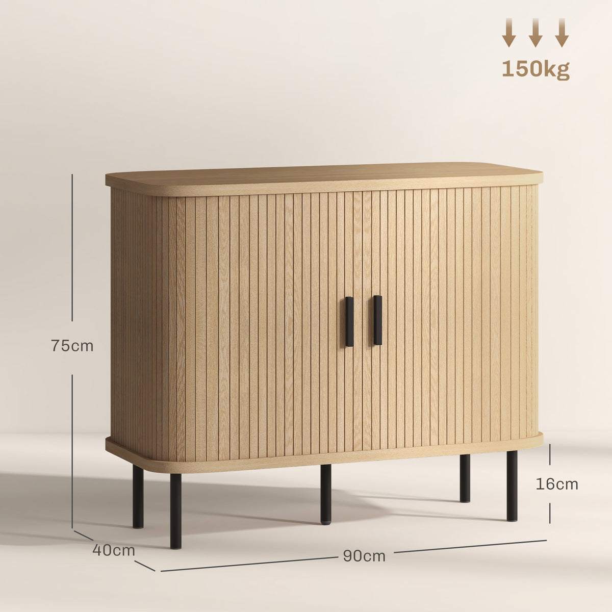 Buffet meuble de rangement avec portes coulissantes à lattes, armoire de cuisine avec pieds en acier, ton chêne