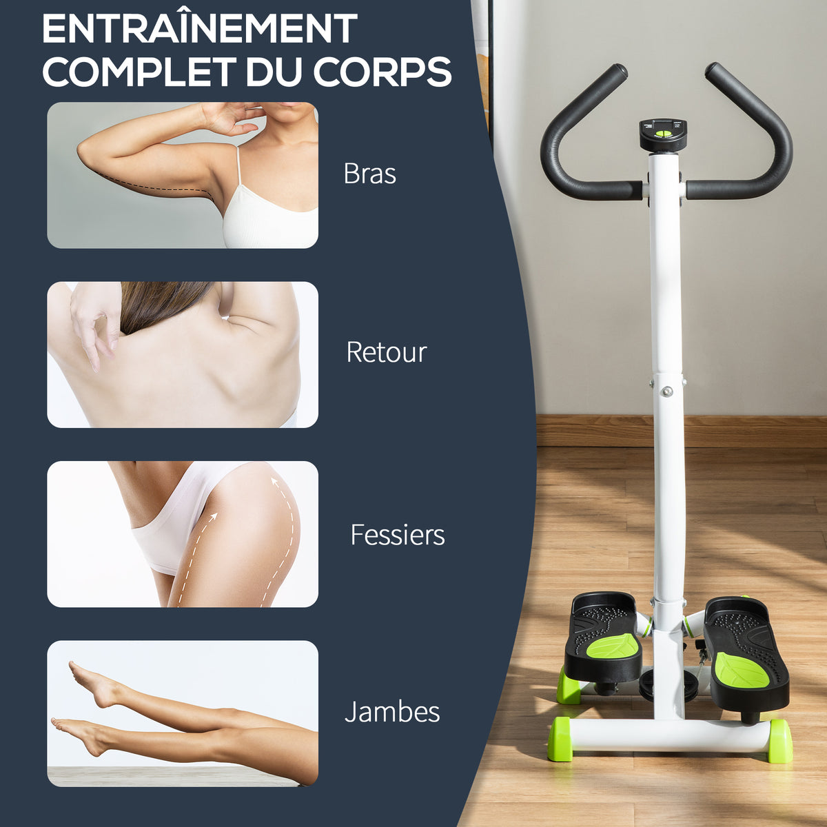 Stepper avec guidon stepper fitness appartement écran LCD résistance réglable exercise hanches jambes lombes pour maison acier blanc, vert, noir