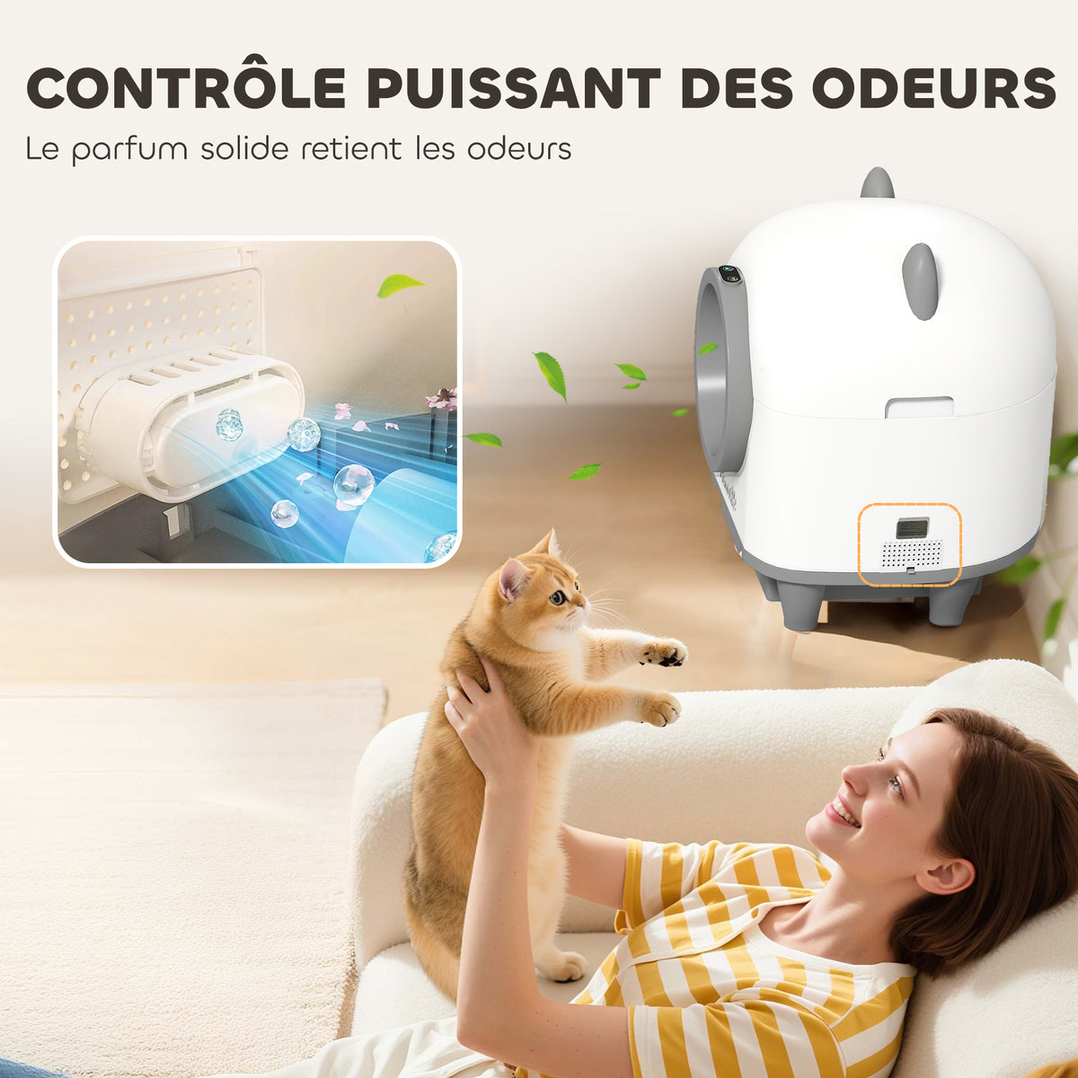 Bac à litière pour chat autonettoyant 80L, bac à litière automatique contrôle app, anti-pinch, 55,5 x 51 x 60 cm, blanc