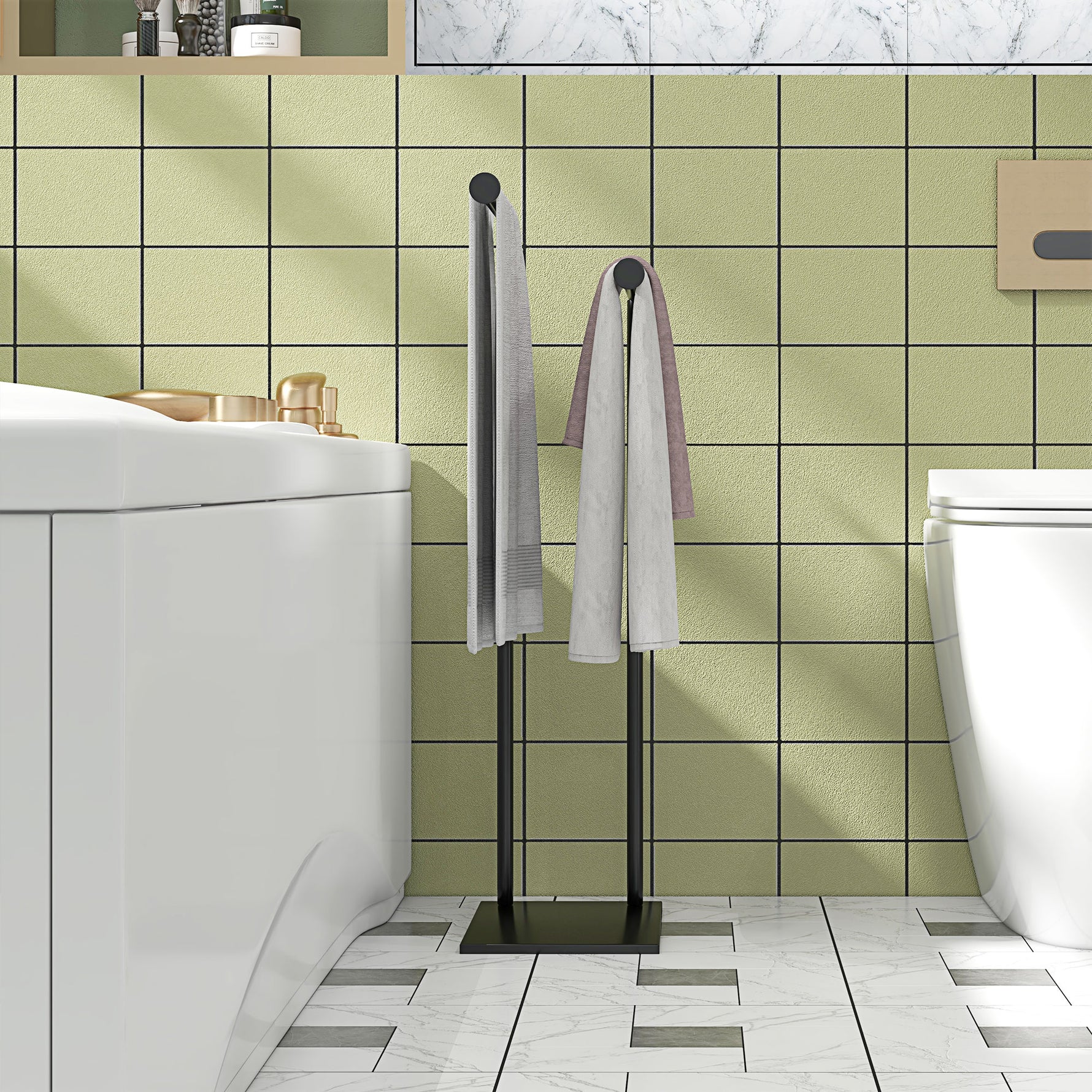 Porte-serviettes sur pied en acier avec 2 barres support pour serviette 35,5l x 20P x 78H cm - noir