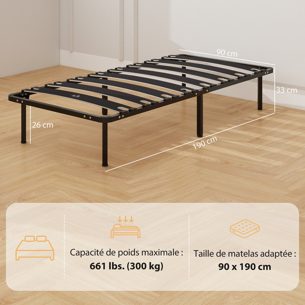 Struttura letto 90 x 190 cm, letto singolo con rete a doghe in legno massello e testiera, con vano contenitore sottostante, nero