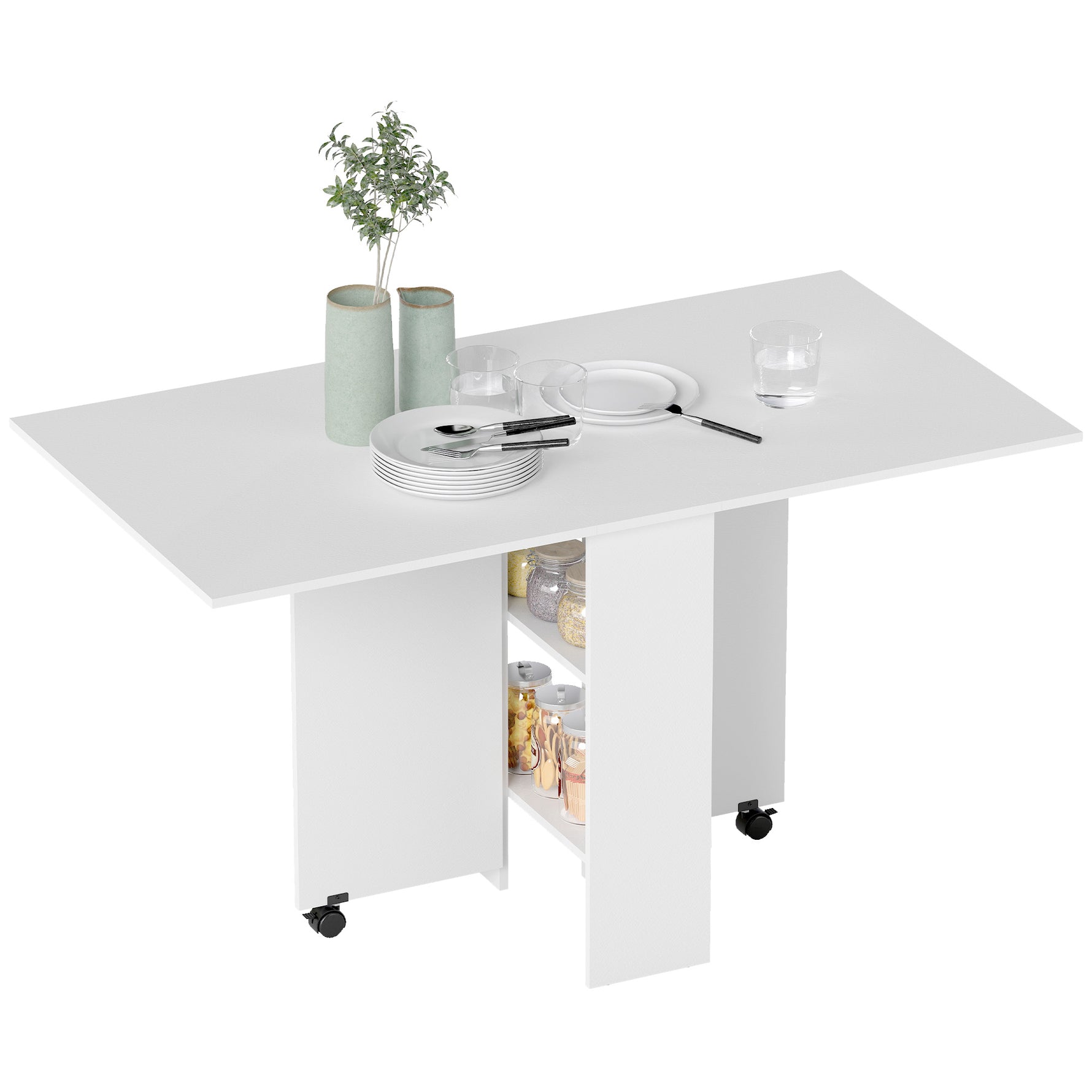 Table pliante de cuisine salle à manger amovible sur roulettes 75L x 140l x 74H cm blanc