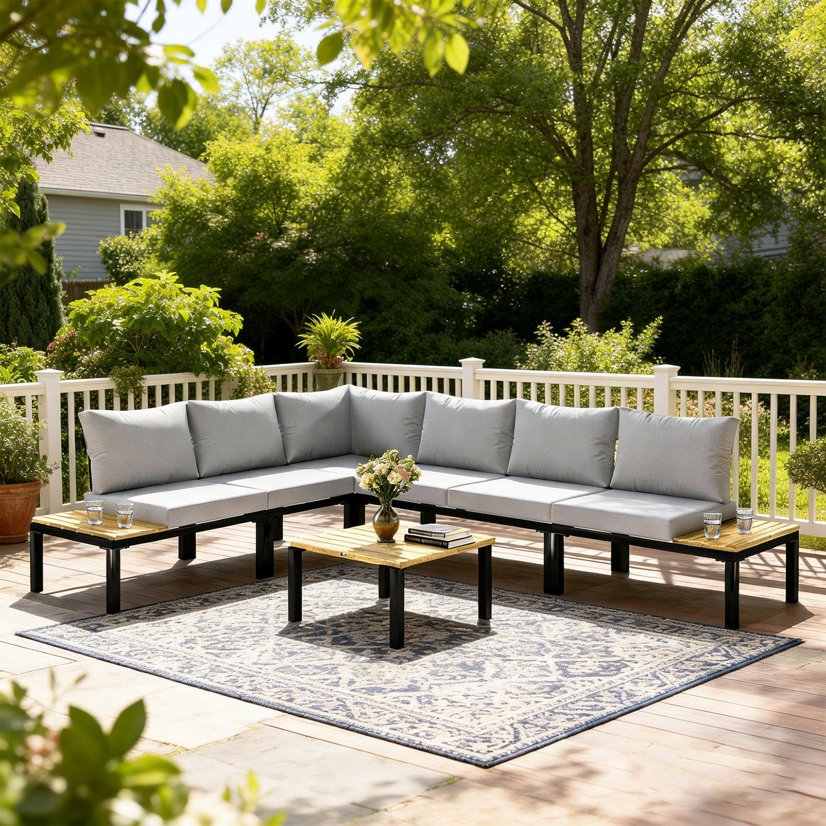 Salon de Jardin Modulaire 6 Pièces Ensemble Canapé Extérieur Transformable en Lit Table Basse et Plateaux Latéraux Gris