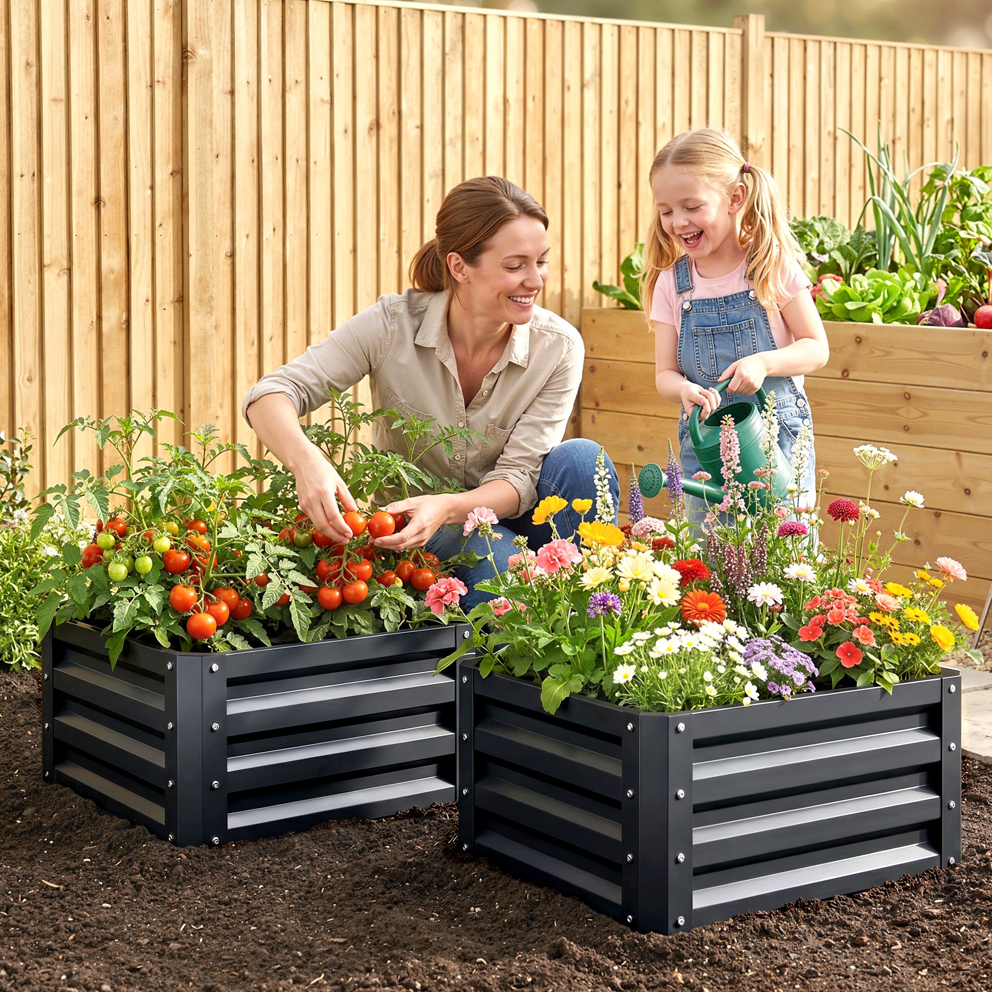 Set van 2 verhoogde plantenbakken, moestuinbak voor groenten, bloemen, verzinkt staal 60 x 60 x 30,5 cm, grijs