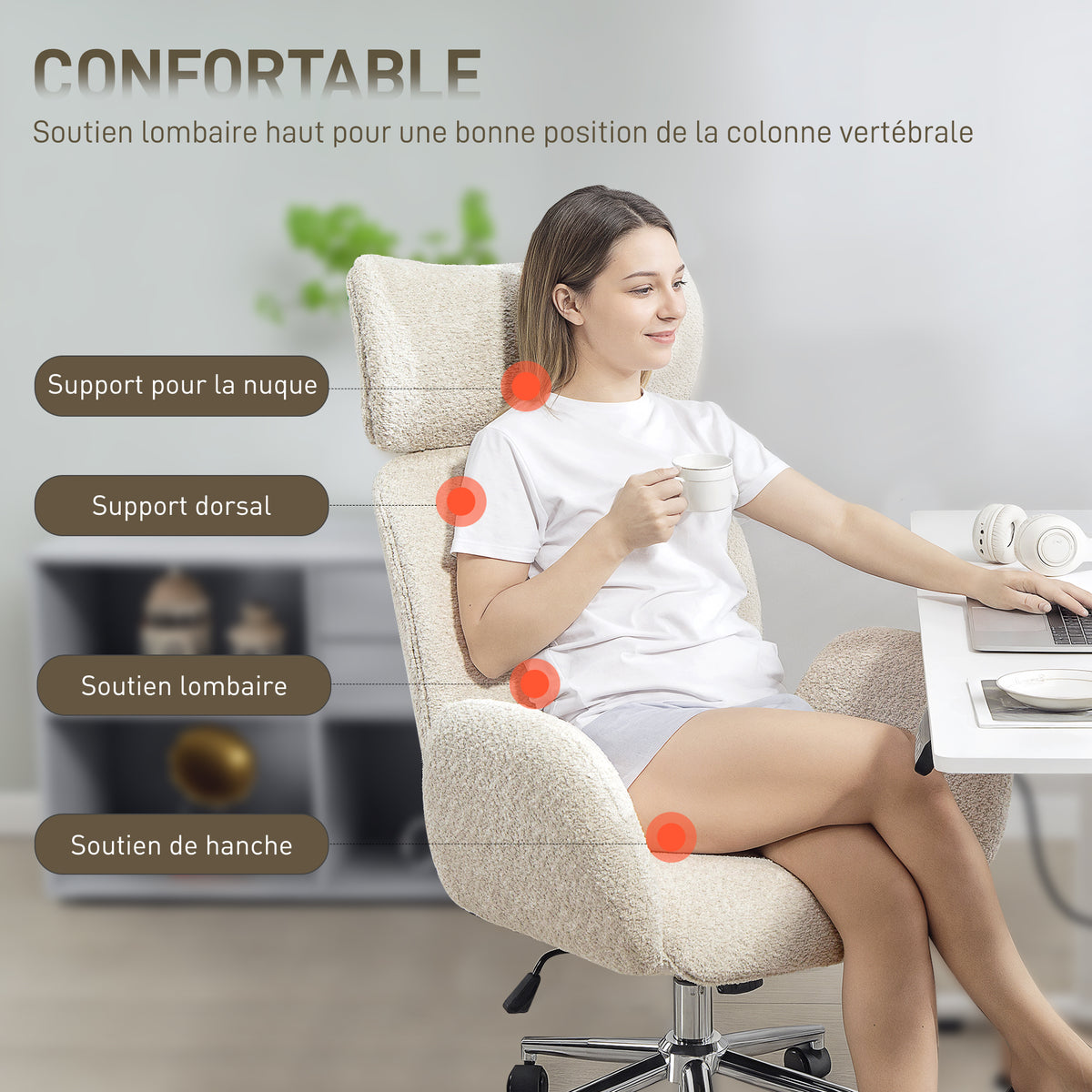 Chaise bureau ergonomique, fauteuil de bureau pivotant, hauteur réglable, appui-tête réglable, fonction bascule, gris