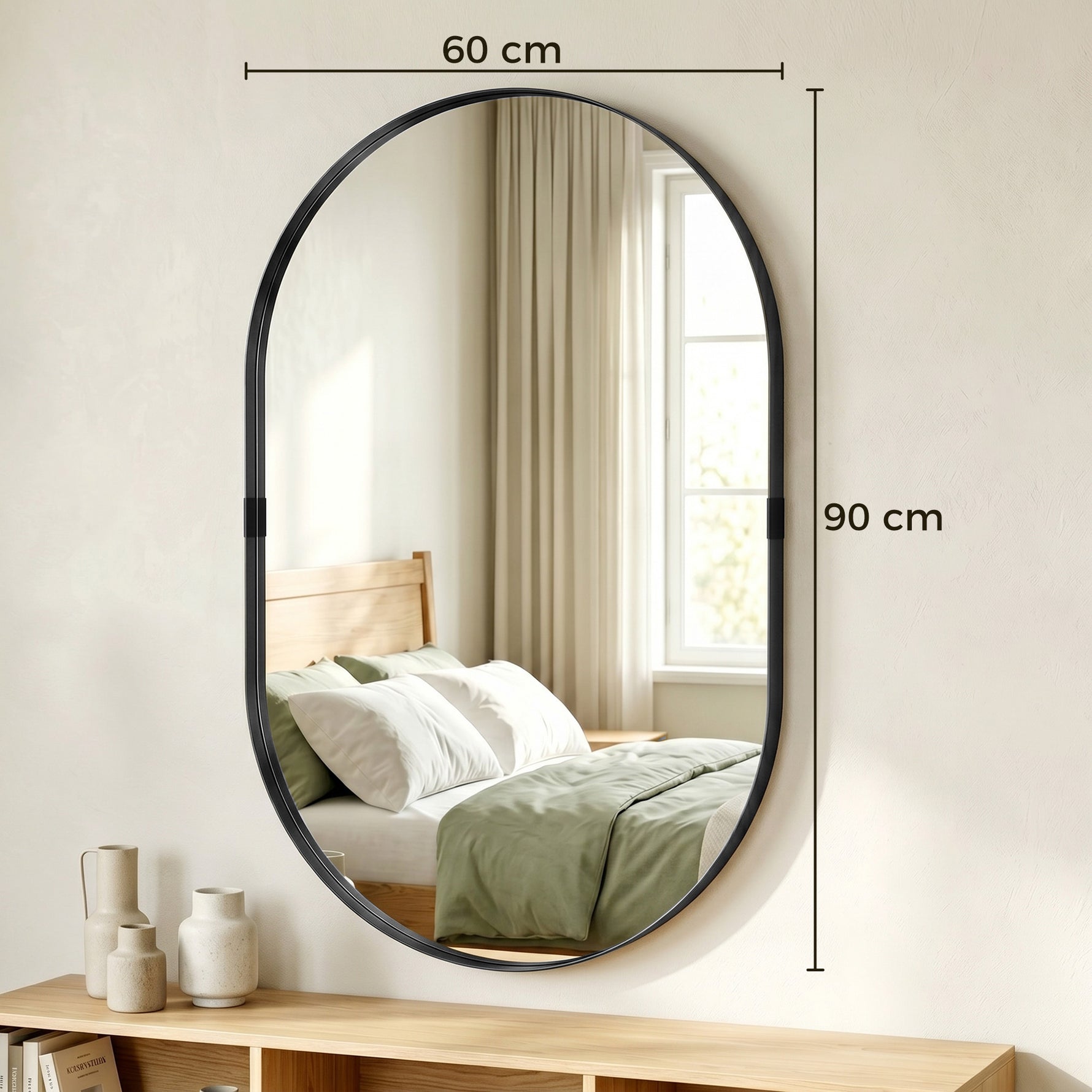 Miroir mural, miroir décoratif 60 x 90 cm en verre trempé et cadre en aluminium, pour chambre, salon, couloir, noir