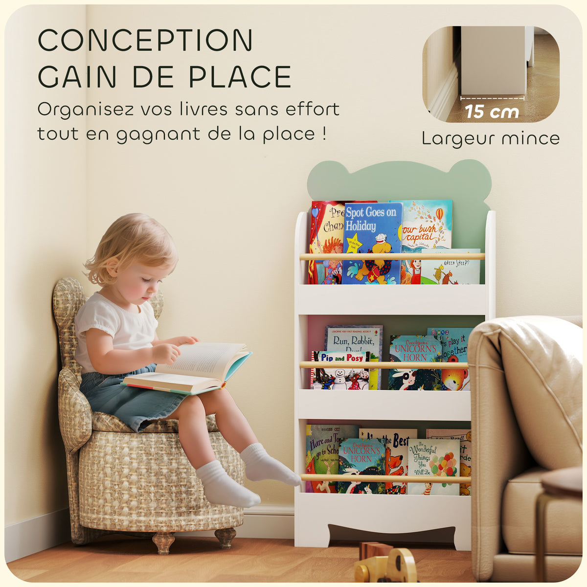 Bibliothèque pour enfant, rangement livre enfant 3 niveaux pour salle de jeux, chambre d'enfant, vert
