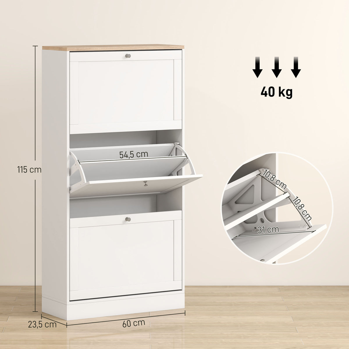 Scarpiera stile scandinavo 3 ante a ribalta 18 paia di scarpe 60 x 23,5 x 115 cm bianco effetto legno