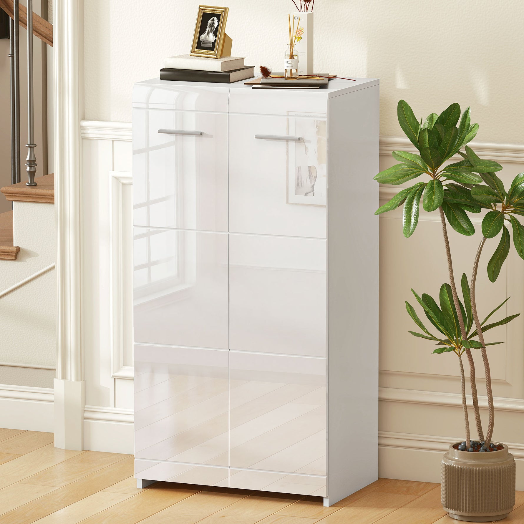 Meuble à chaussures 10 paires, armoire à chaussures à haute brillance 5 niveaux, étagères réglables, 55x36x108cm, blanc
