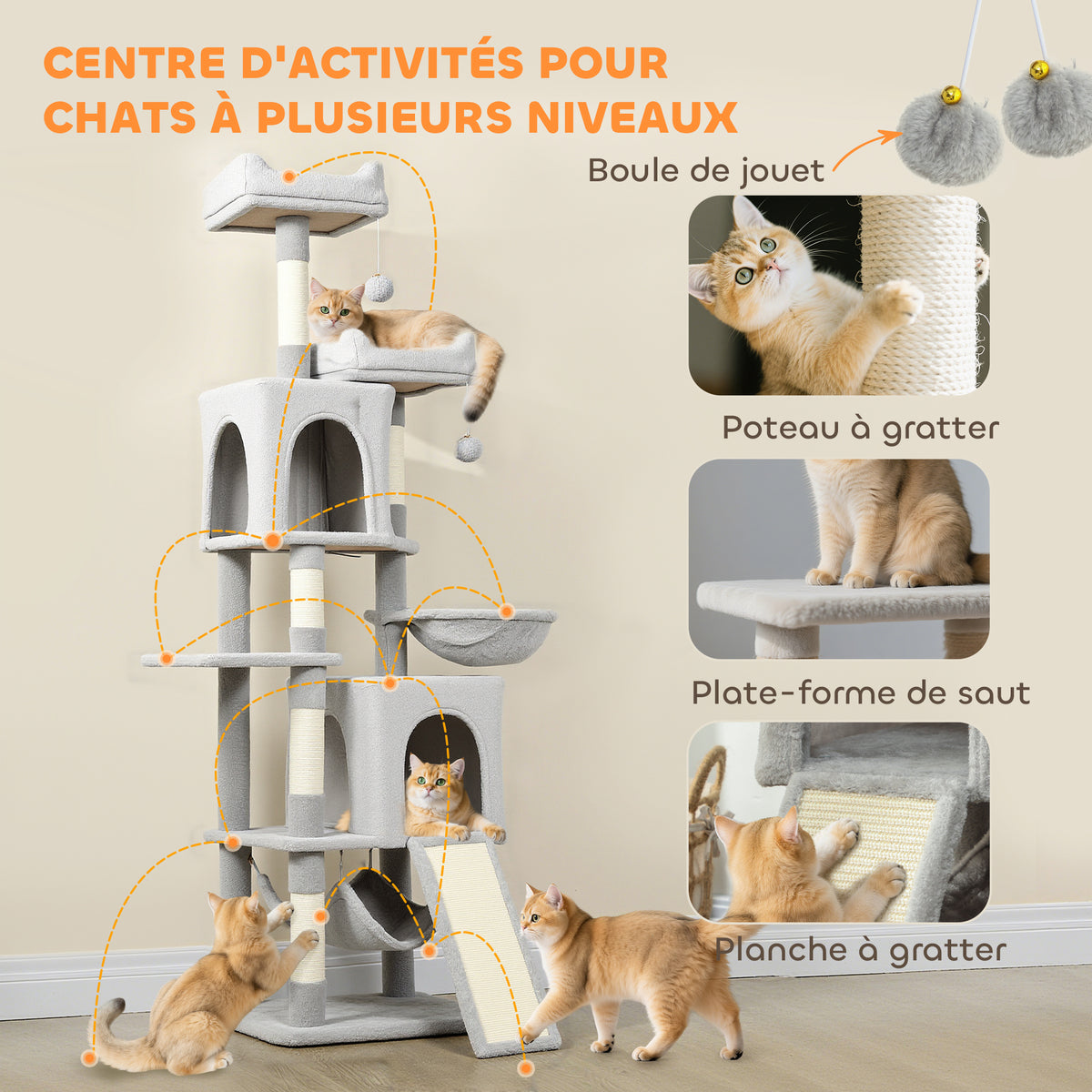 Krabpaal speeltoren voor katten 3 plateaus 2 huisjes 2 manden 2 hangmatten 1 ladder hoogte 177 cm lichtgrijs