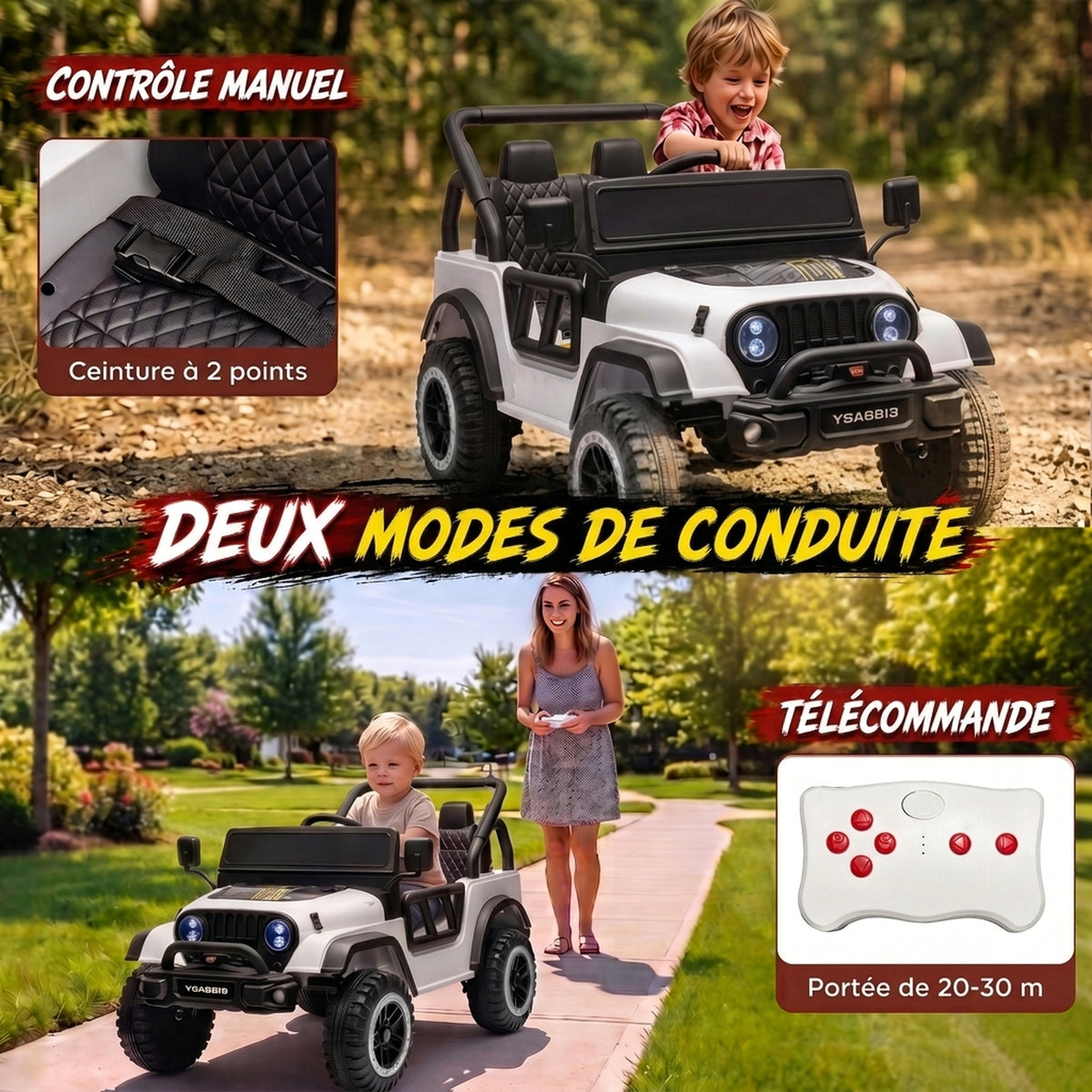 Voiture Électrique Enfants 12V, Buggy Électrique Enfants, 2 Moteurs, Télécommande 2,4G, Batterie Lithium, Blanc