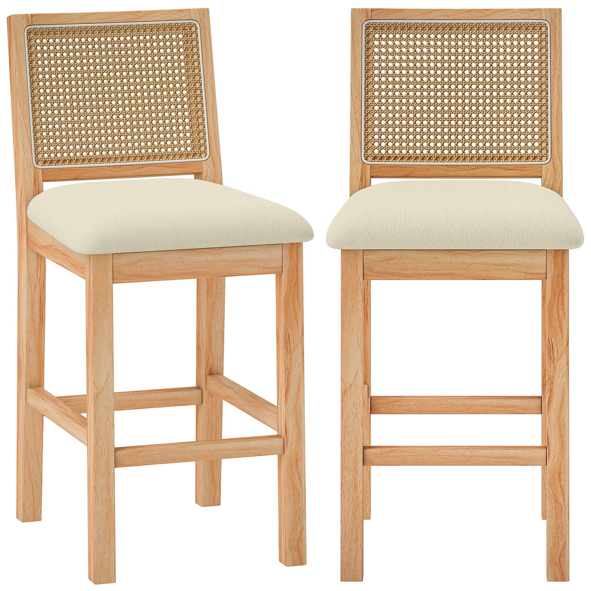 2er-Set Barhocker, Barstühle mit Rückenlehne in Rattan-Optik, gepolsterte Sitzfläche aus Chenille, 66 cm Sitzhöhe, Creme