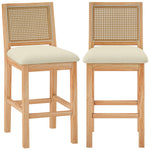 2er-Set Barhocker, Barstühle mit Rückenlehne in Rattan-Optik, gepolsterte Sitzfläche aus Chenille, 66 cm Sitzhöhe, Creme