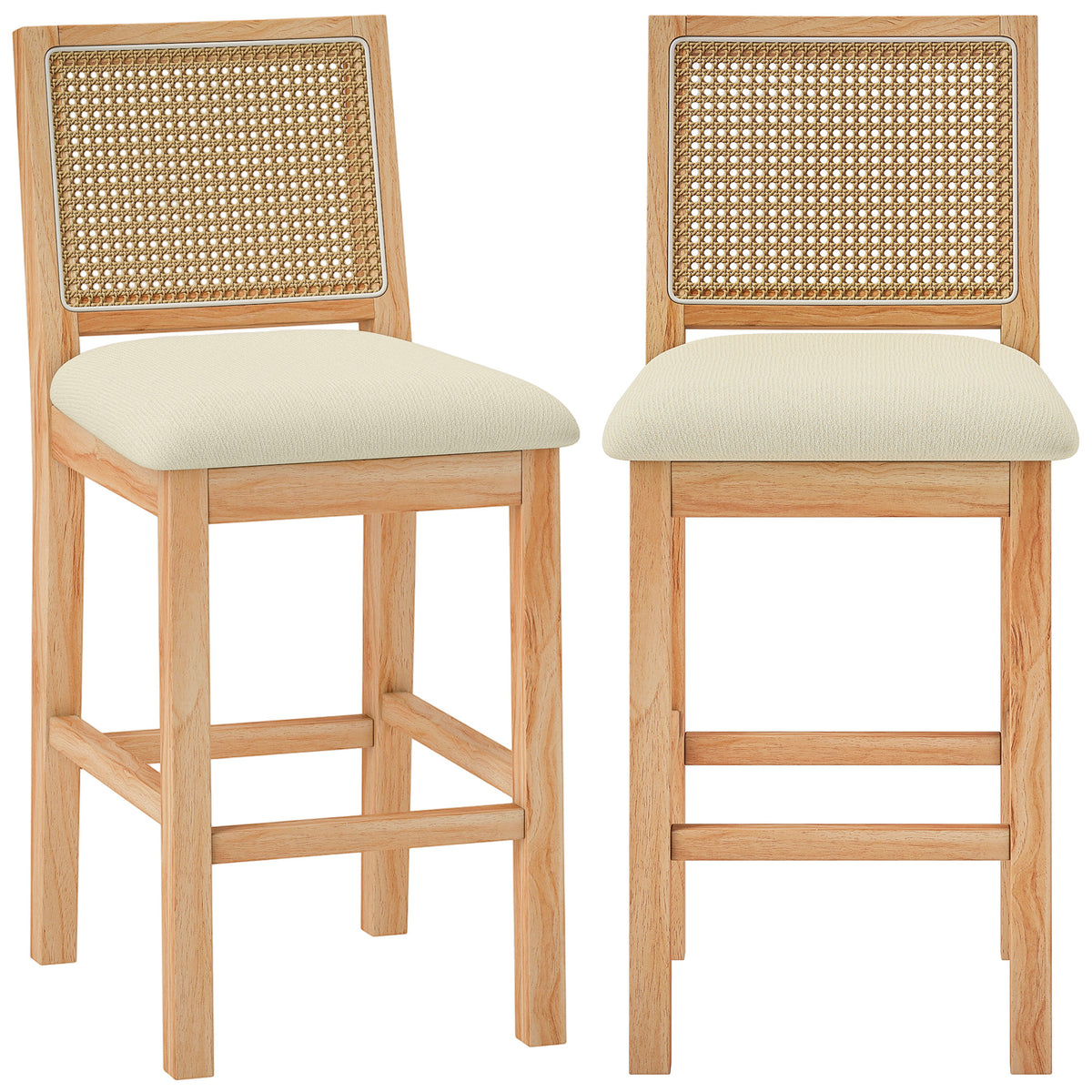2er-Set Barhocker, Barstühle mit Rückenlehne in Rattan-Optik, gepolsterte Sitzfläche aus Chenille, 66 cm Sitzhöhe, Creme