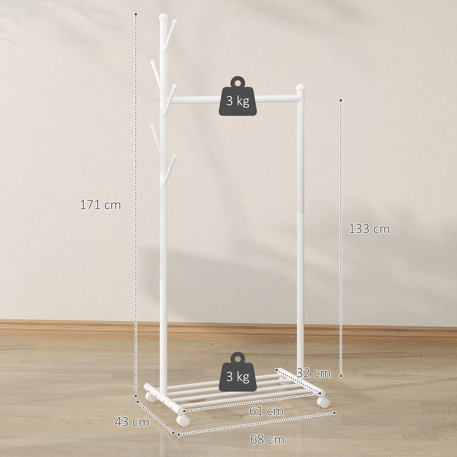 Portant à vêtements, porte-manteau sur roulettes avec étagère à chaussures et 5 crochets, 68 x 43 x 171 cm, blanc