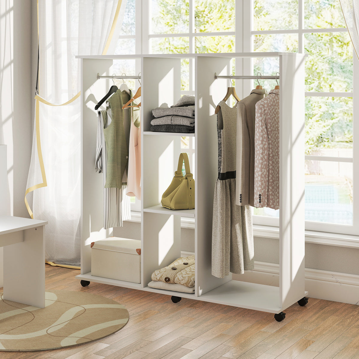 Armoire penderie meuble de rangement mobile 6 roulettes 120 x 40 x 128 cm en bois blanc