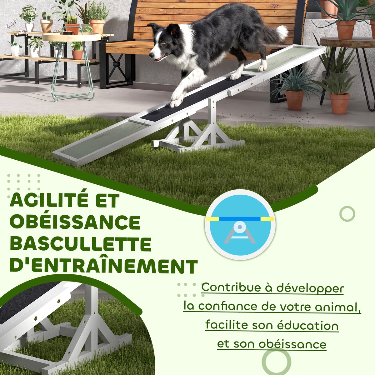 Agility sport pour chien bascule équipement entrainement chien antidérapant 180 x 30 x 30 cm gris blanc