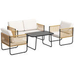 Conjunto de jardín de 4 piezas con sofá de 2 plazas, 2 sillones, 1 mesa de centro de cristal y cojines – blanco crema