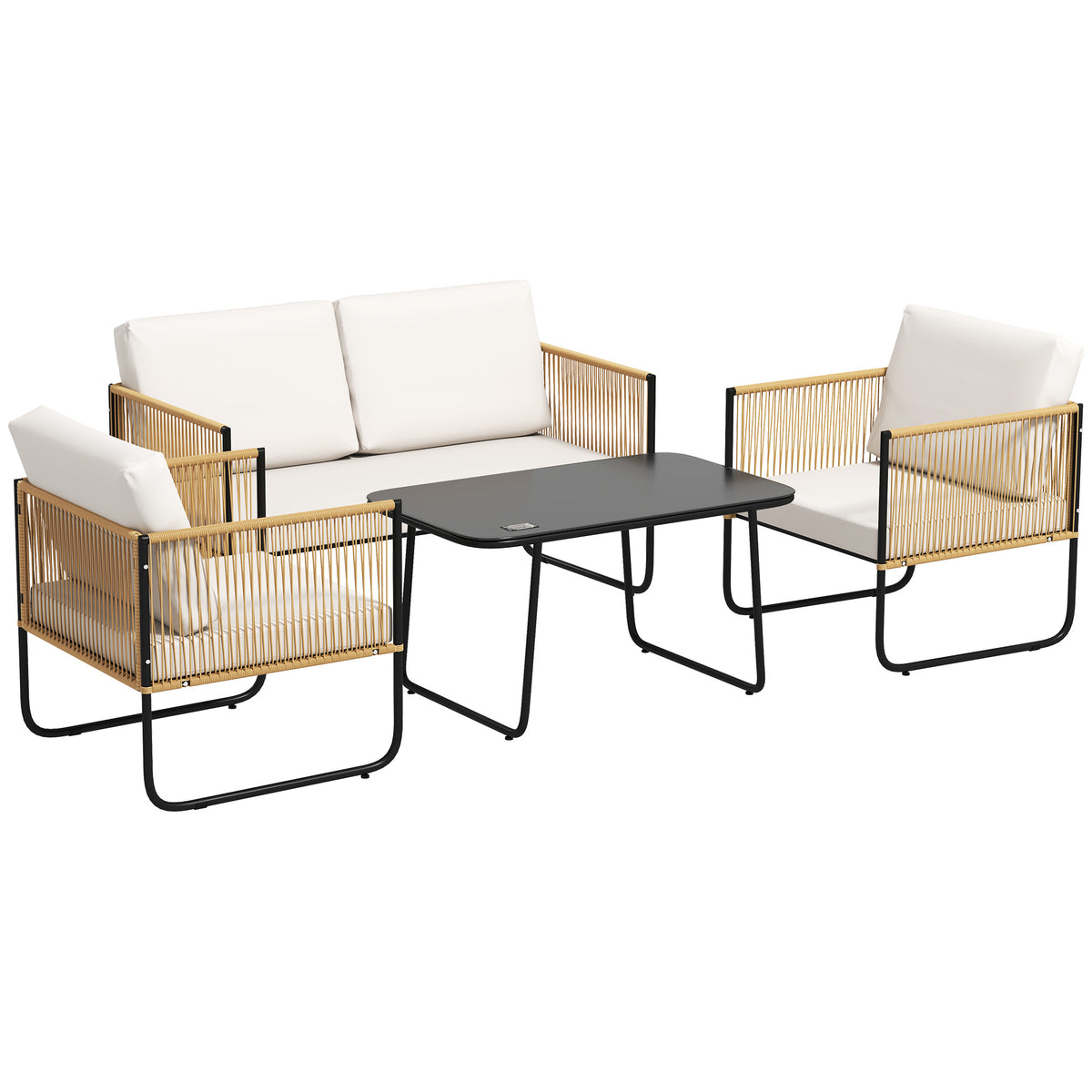Conjunto de jardín de 4 piezas con sofá de 2 plazas, 2 sillones, 1 mesa de centro de cristal y cojines – blanco crema
