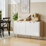 Buffet à haute brillance, meuble de rangement avec 4 portes, étagères réglables, 141 x 35 x 77 cm, blanc et chêne