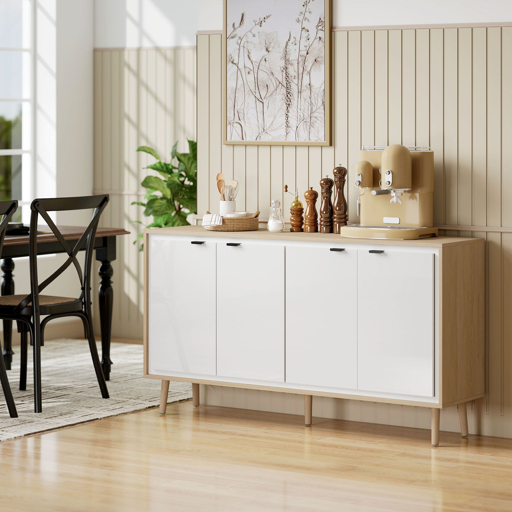 Buffet à haute brillance, meuble de rangement avec 4 portes, étagères réglables, 141 x 35 x 77 cm, blanc et chêne
