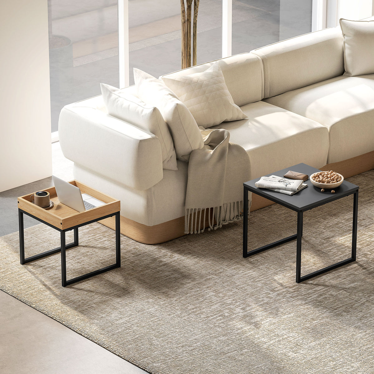 Set van 2 vierkante nesttafels, salontafels met stalen frame, moderne stijl, zwart