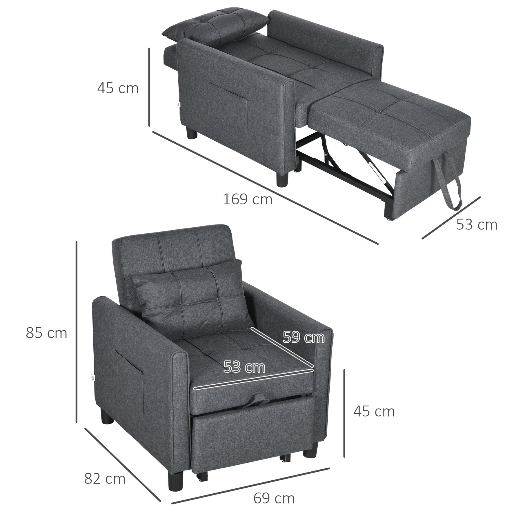 Fauteuil convertible 1 place 3 en 1 dossier réglable en 3 positions oreiller inclus 2 poches latérales 69x82x85cm gris