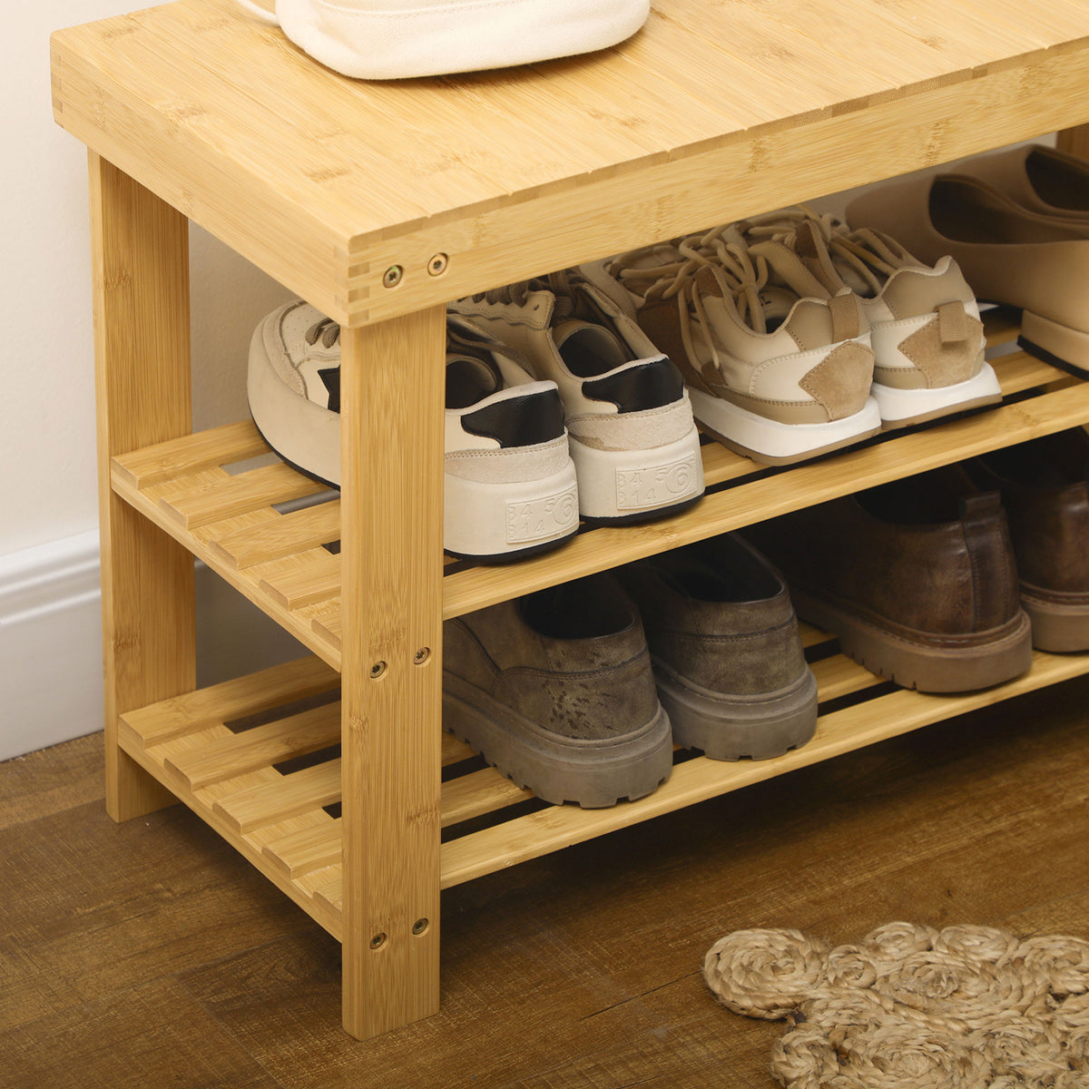 Banc avec meuble à chaussures étagères en bambou dim. 70L x 28l x 45H cm bois naturel