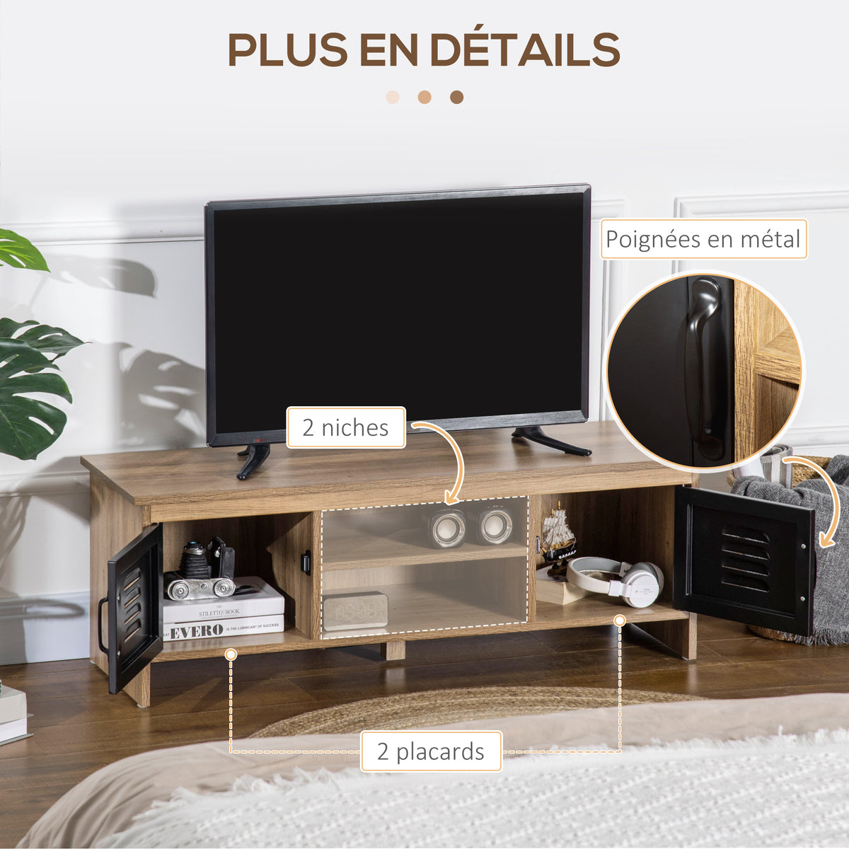Ensemble Buffet Bibliothèque et Meuble TV Industriel 2 Passe-Fils Multi-rangement Aspect Bois veinage Portes métal Noir