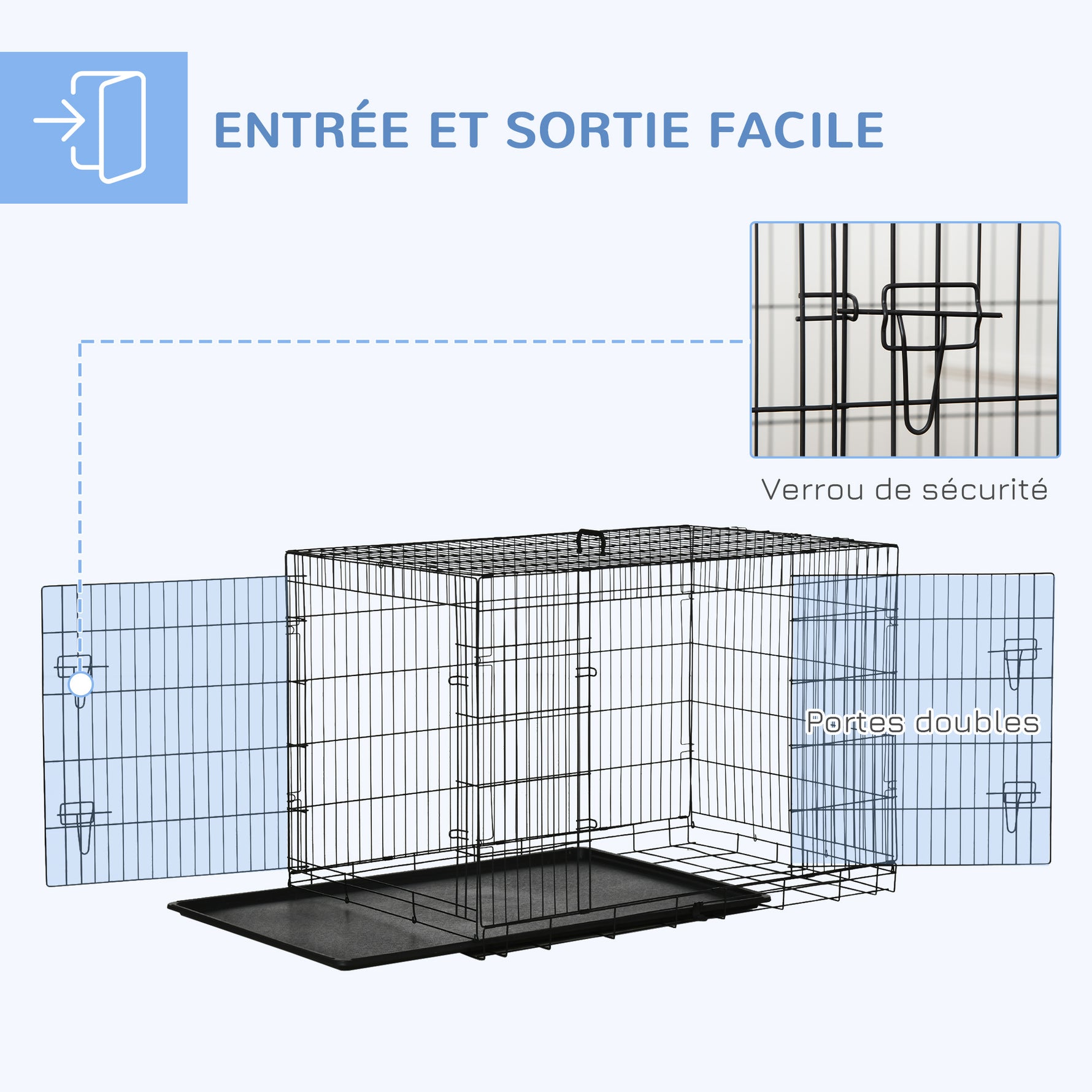Cage caisse de transport pliante pour chien en acier 2 portes verrouillables 121 x 77 x 82 cm noir